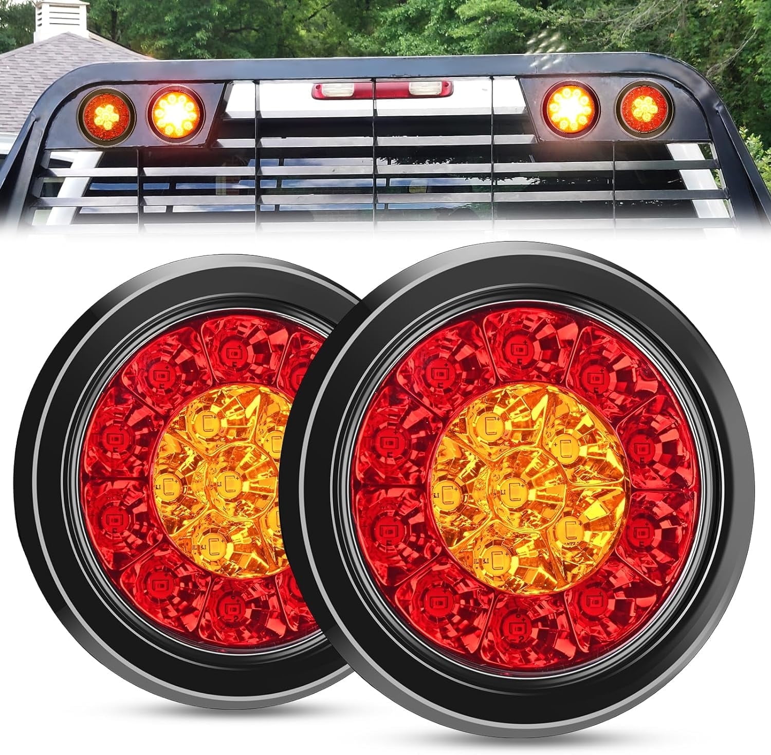 Nilight 2PCS 4 Inch Round Red Amber LED Trailer Tail Lights 16LEDs w ...