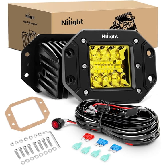 Nilight 2PCS 42W Flush Mount Amber LED Light Pods Upgraded Spot Flood Combo Beam Driving Light LED Work Light with 16AWG Wiring Harness Kit-2 Leads