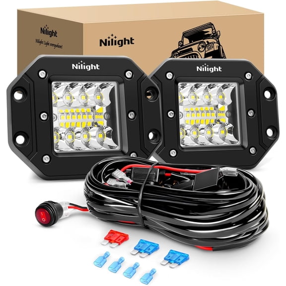 Nilight 2PCS 42W Flush Mount LED Pods Spot Flood Combo Beam Driving Light Backup Light Reverse Light Grill Mount Light with Wiring Harness Kit -2 Leads