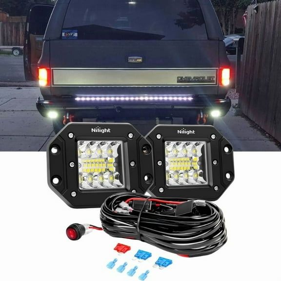 Flush Mount LED Pod Lights, 2PCS 42W Bumper Backup Reverse Spot Off-Road Driving Fog Work with Wiring Harness Kit -2 Leads for Truck ATV UTV Boat