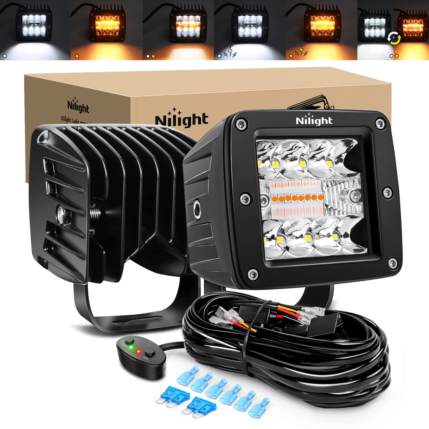 Nilight 2PCS 42W LED Pods Light 3Inch Cubes Amber White Strobe 6 Modes Memory Function Off-Road Truck Car ATV SUV Cabin Boat with 16AWG Wiring Harness Kit-2 Leads C80