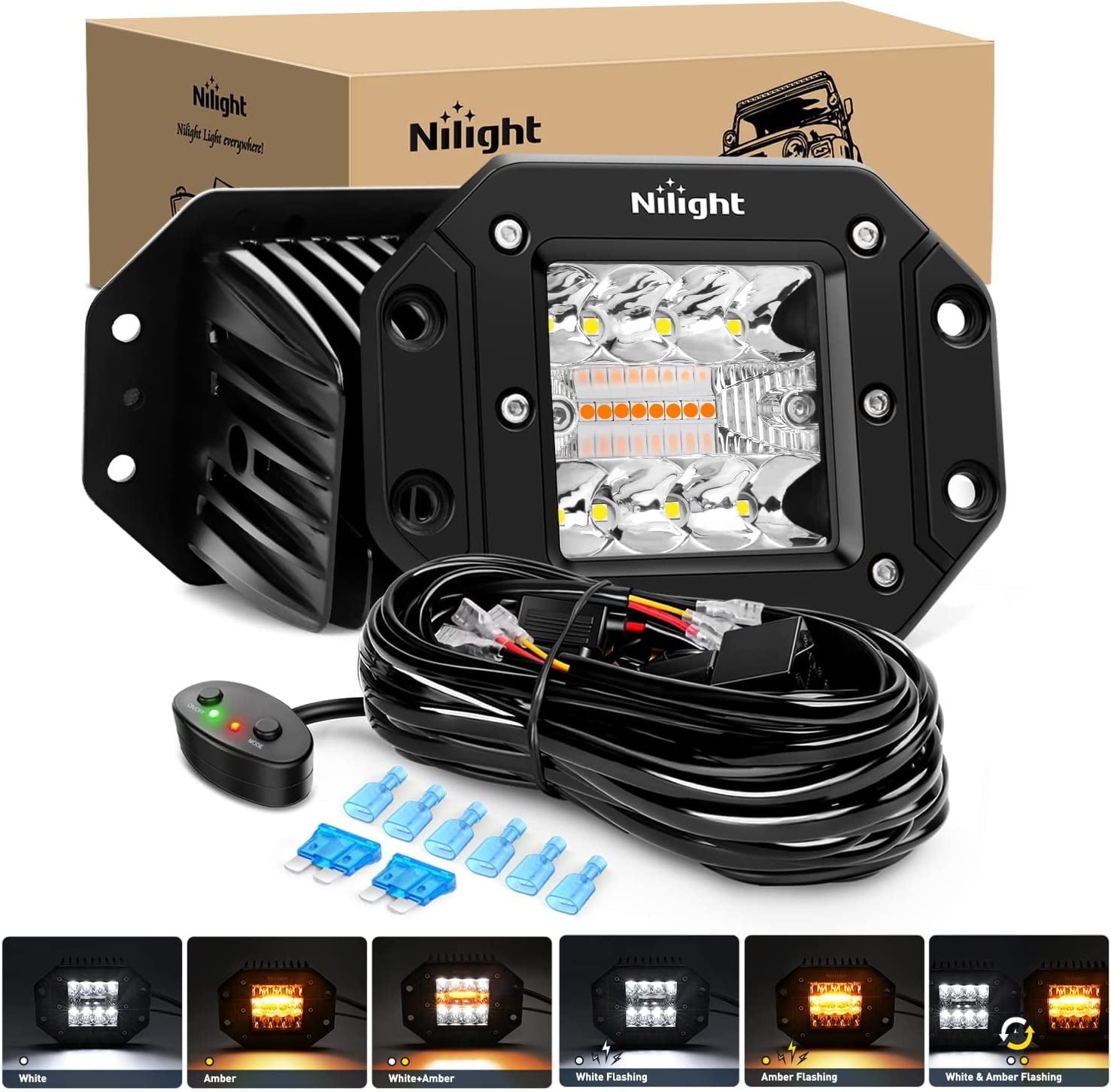 Nilight 2PCS 42W Light Pods Flush Mount Spot Flood Amber White Strobe 6 Modes Memory Function Off-Road Truck Car ATV SUV Cabin Boat with 16AWG Wiring Harness Kit-2 Leads, 2 Years Warranty