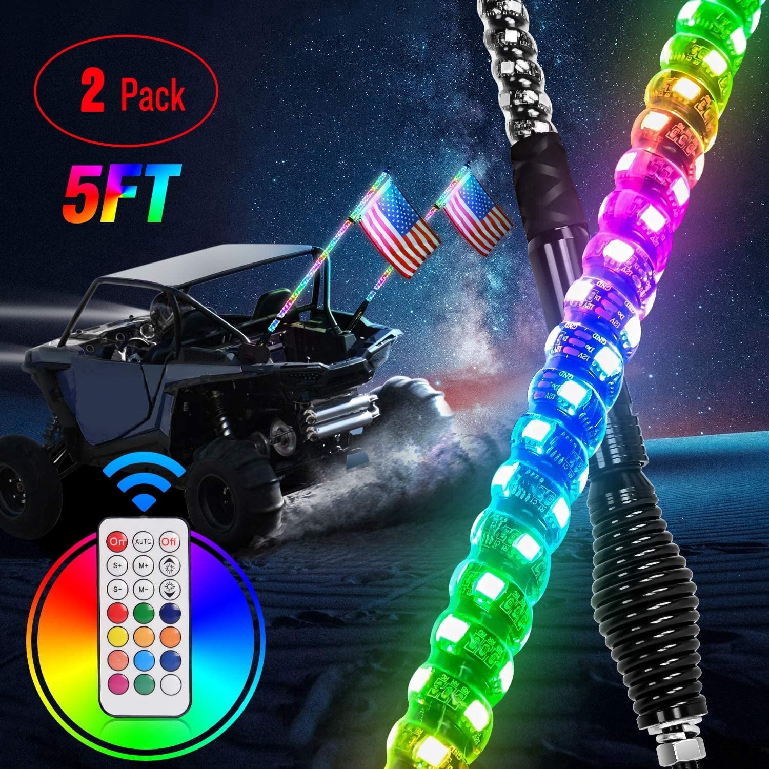 Nilight 2PCS 5FT Spiral RGB Led Whip Light with Spring Base Chasing Light RF Remote Control Lighted Antenna Whips for Can-Am ATV UTV RZR Polaris Dune Buggy Offroad Truck