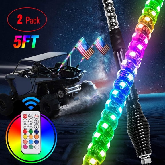 Nilight 2PCS 5FT Spiral RGB Led Whip Light with Spring Base Chasing Light RF Remote Control Lighted Antenna Whips for Can-Am ATV UTV RZR Polaris Dune Buggy Offroad Truck