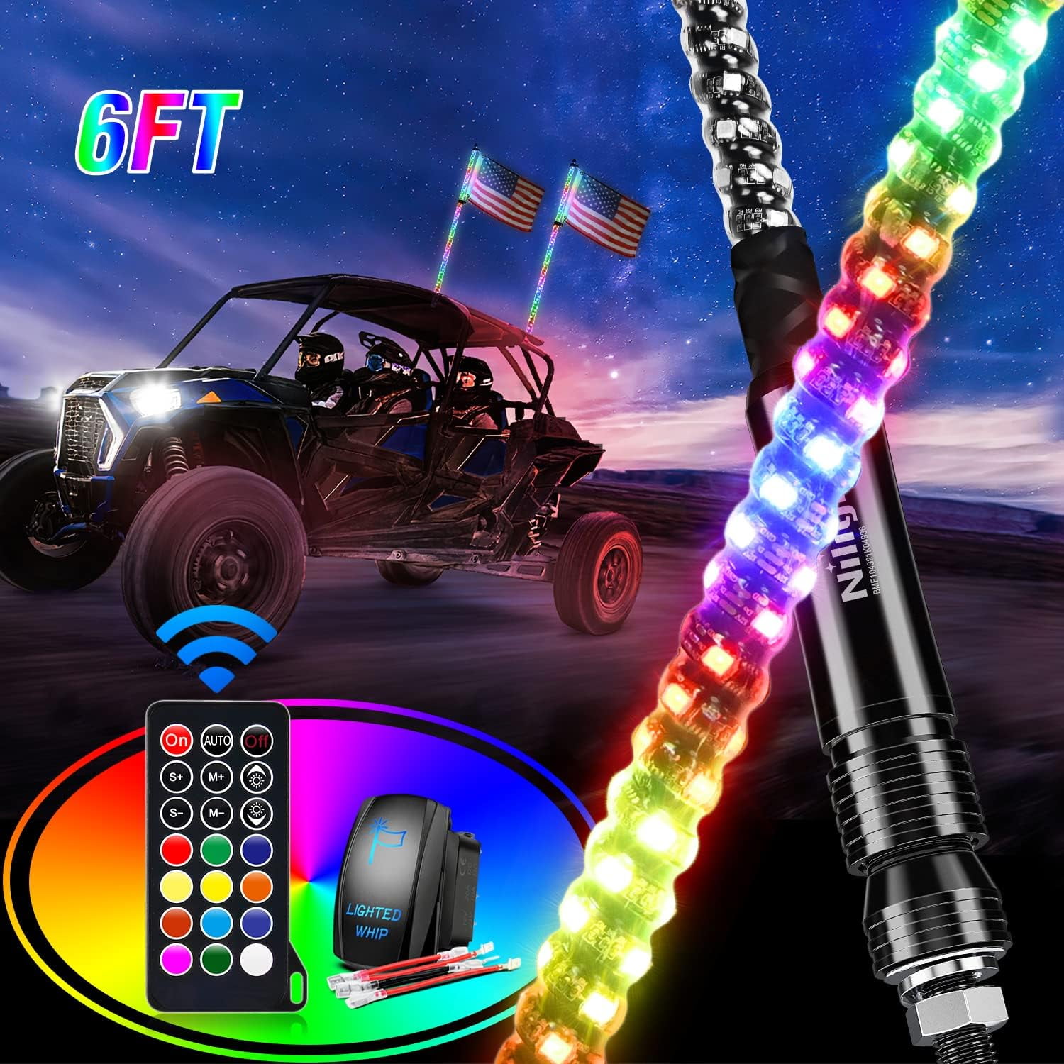 Nilight 2PCS 6FT Spiral RGB Led Whip Light w/RGB Chasing/Dancing Lights RF Remote Control Lighted Antenna Whips for Can-am ATV UTV RZR Polaris Dune Buggy 4 Wheeler Offroad Jeep Truck