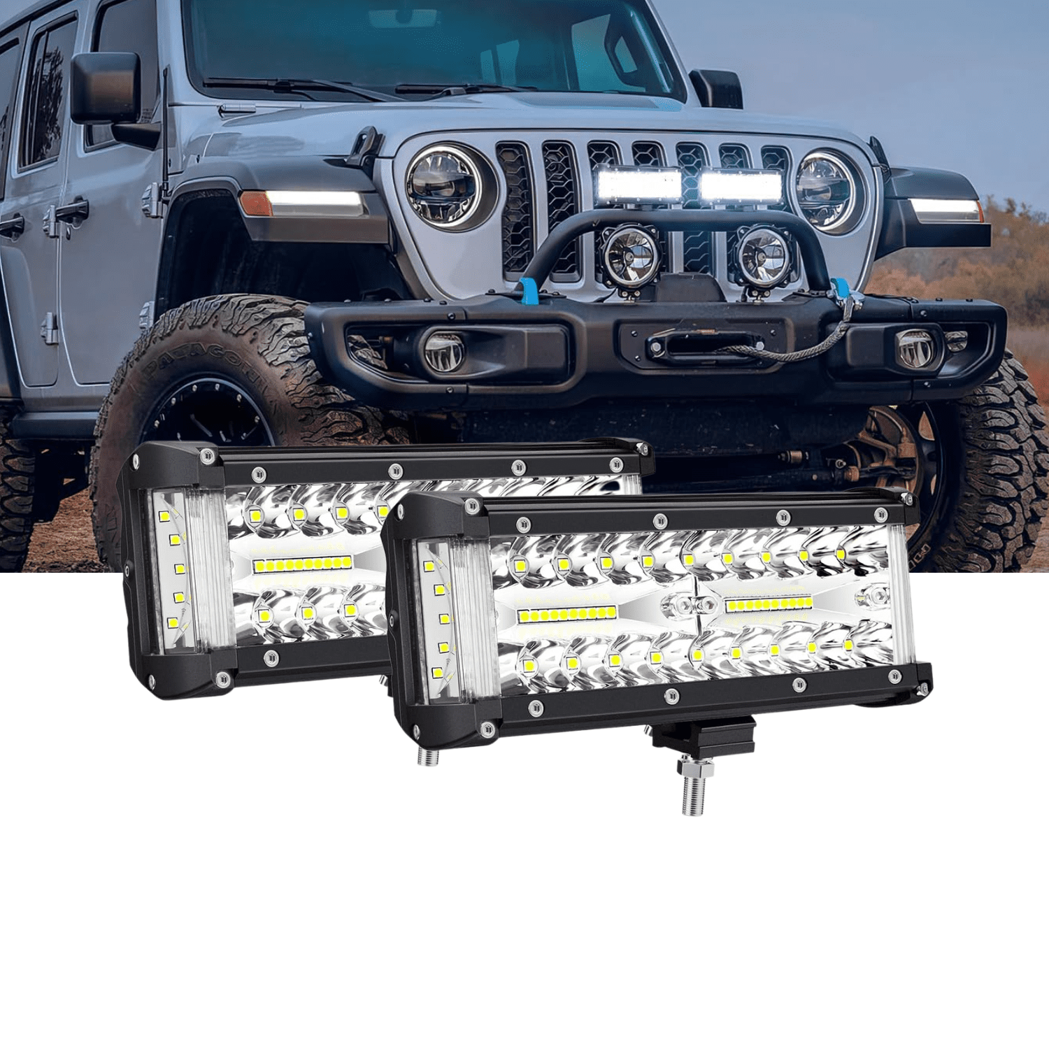 Nilight 2PCS 7 Inch Side Shooter LED Light Bars Triple Row Spot Flood Combo Off-Road Work Driving Lights for Truck SUV ATV UTV