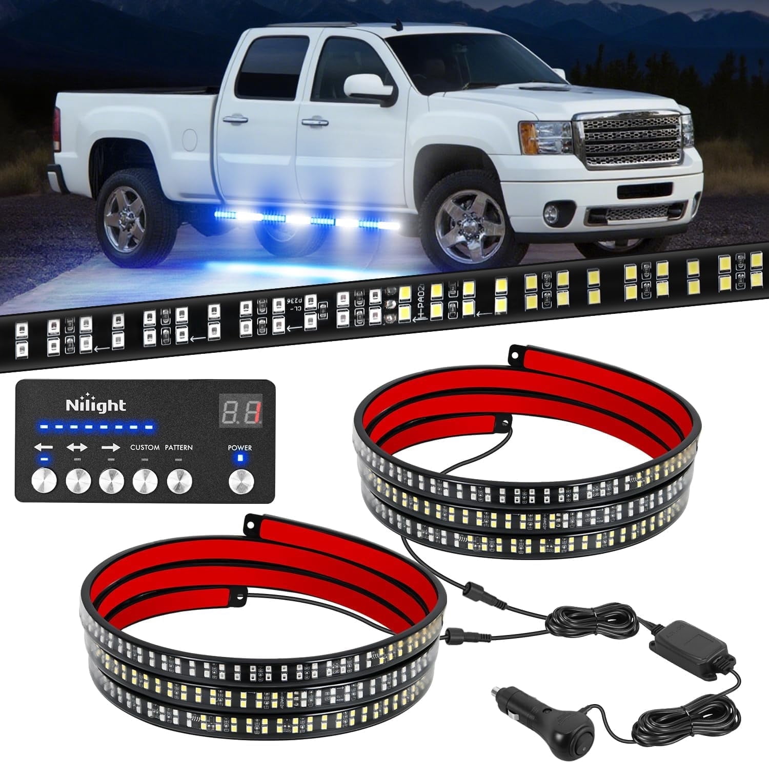 Nilight 2PCS 70 Inch Light Strip with Controller 864 LED Blue White Running Board Lights Flexible Side Flashing Waterproof for Truck Pickup