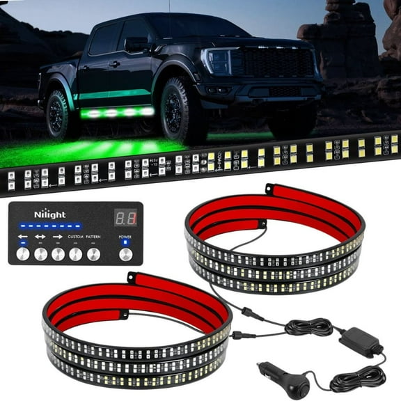 Nilight 2PCS 70 inch Emergency Strobe Light Strip with Controller 864 LED Green White Running Board Lights Flexible Side Flashing Warning Caution Safety Waterproof for Truck Pickup