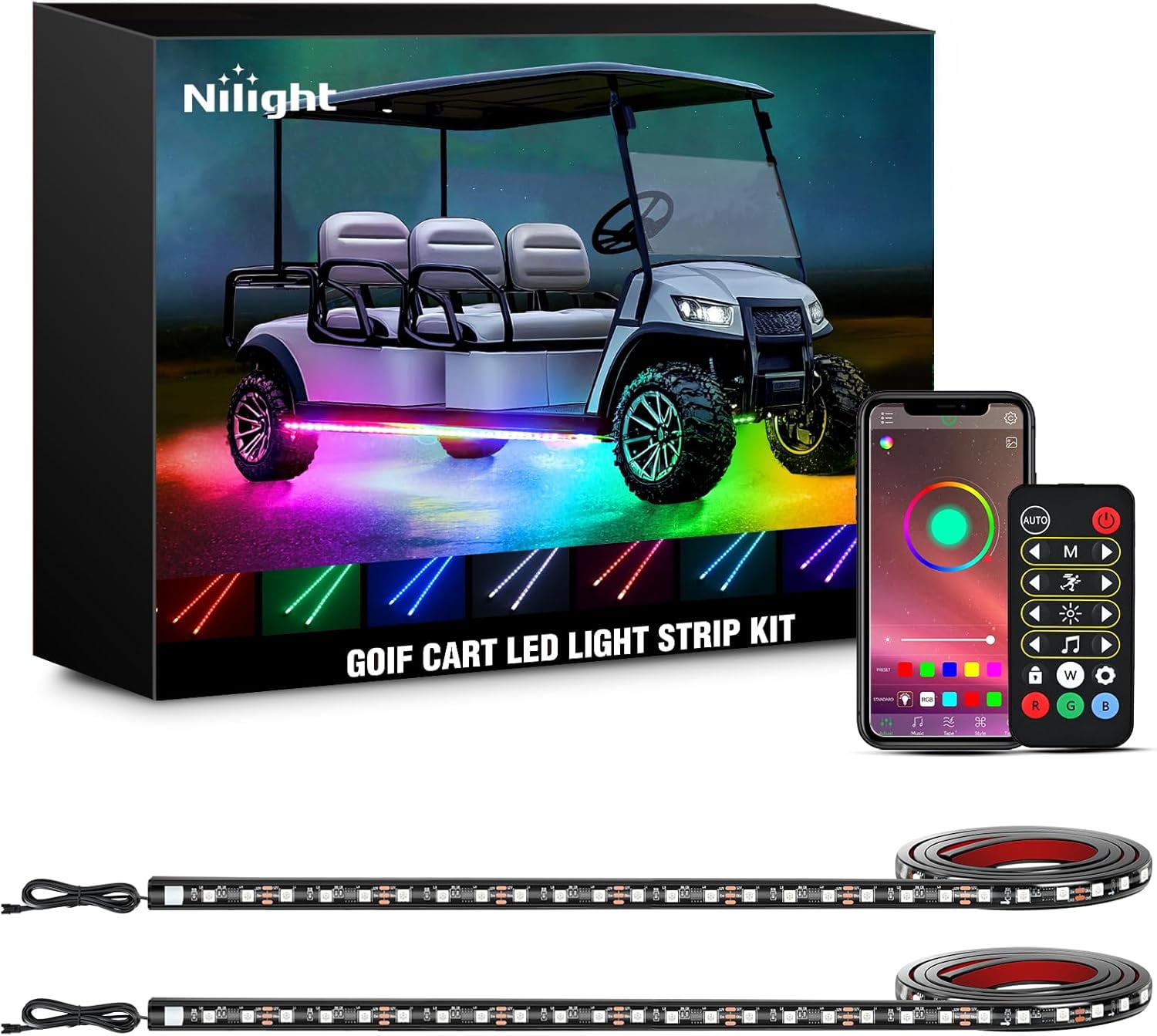 Nilight 2PCS Golf Cart Underglow LED Light Strip Dream Multi-Mode Neon Accent Lighting Kit APP and Remote Control Sound Active Music Sync 12V-65V Input for EZGO Yamaha Club Car