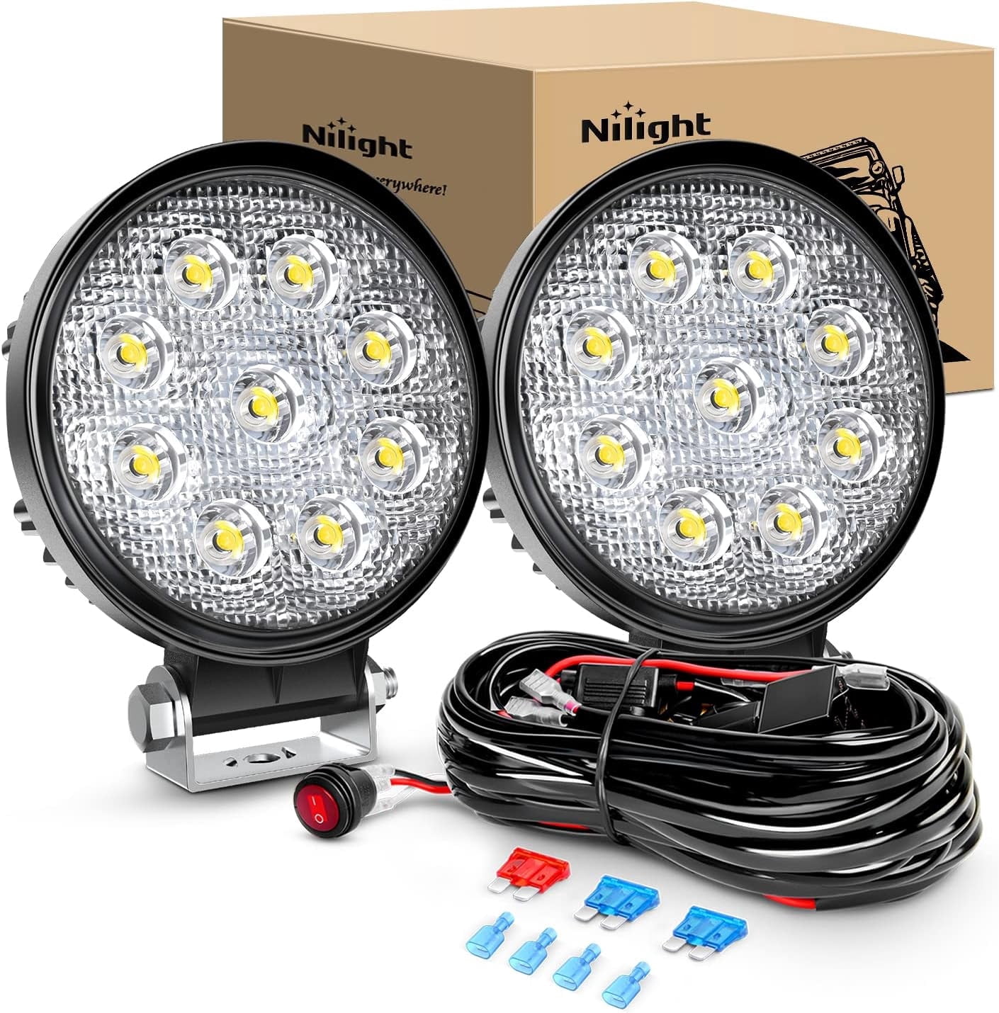 Nilight 2Pcs 27W Round Flood Driving Lamp Waterproof Jeep Off Road Fog Lights with Off Road Wiring Harness- 2 Leads
