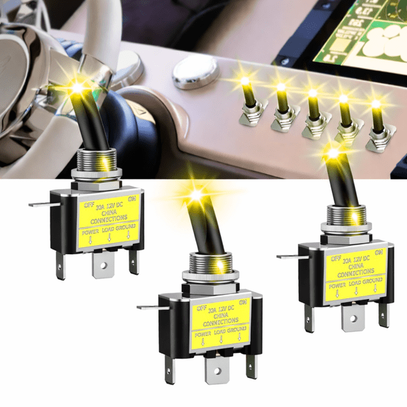 Nilight 2PCS Yellow LED Toggle Switch 12V 30A 3 Pin SPST ON Off Heavy Duty Metal Toggle Switch with 14AWG Wire for Car Truck Boat Marine Racing Dash