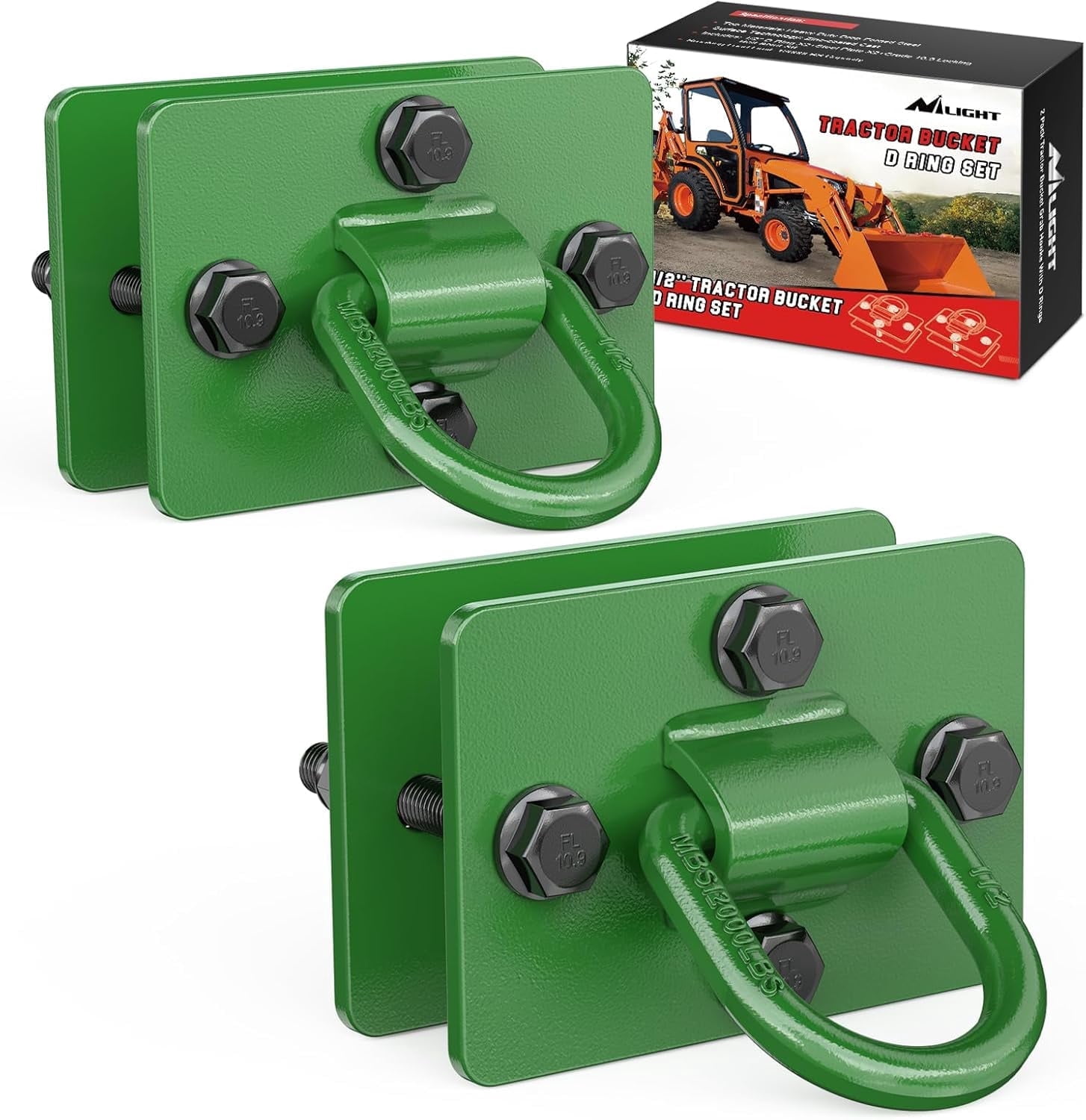 Nilight 2Pcs 1/2" D Rings for Trailers Heavy Duty Trailer Tie Down Rings, Grade 70 Forged Steel Bolt-On Grab with Back Plates for Tractor Bucket RV UTV Truck MBS 12000 lbs, Green