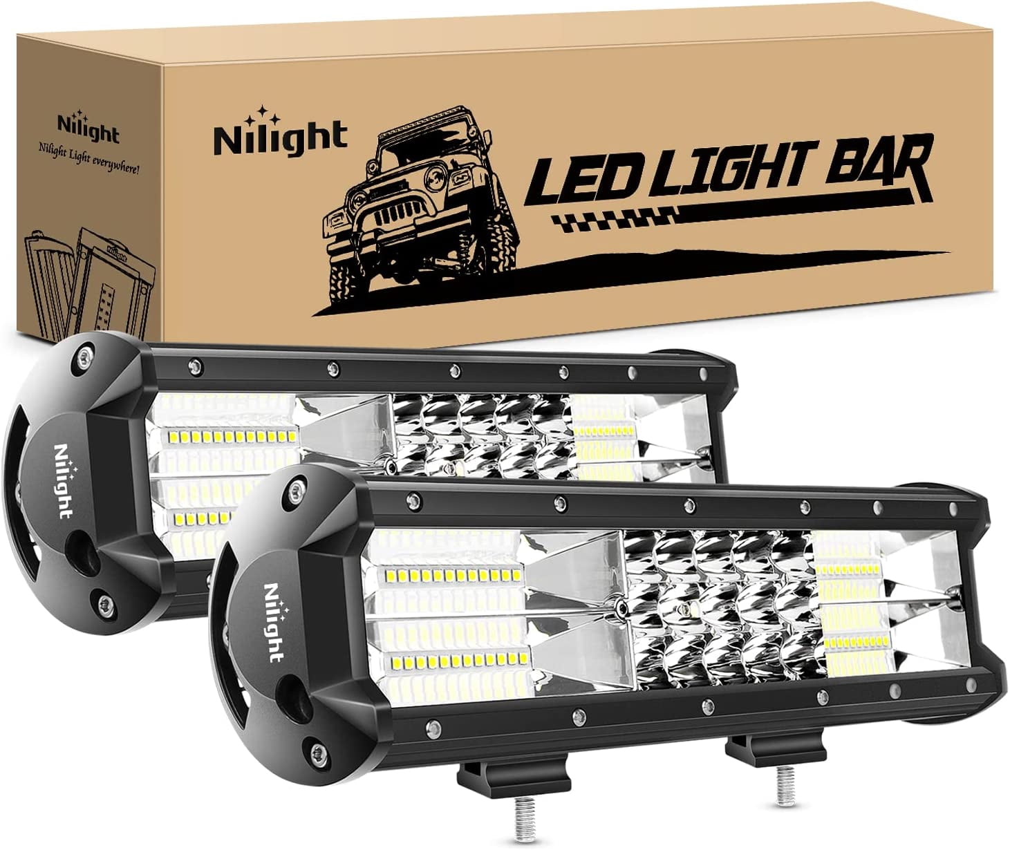 Nilight - 18002C-B 2PCS 12Inch 180W Triple Row Flood Spot Combo LED Light Bar 18000LM Led Bar Driving Lights Boat Lights Led Off Road Lights for Trucks