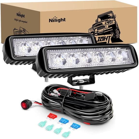 Nilight 2Pcs 18w Spot LED Work Lights LED Pods Fog Lights Off Road Led Lights Driving Lights with16AWG Off Road Wiring Harness Kit-2 Leads
