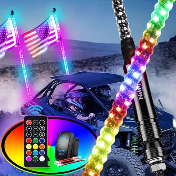 Nilight 2Pcs 2FT Spiral RGB Led Whip Light w/RGB Chasing/Dancing Light RF Remote Control Lighted Antenna Whips for Can-am ATV UTV RZR Polaris Dune Buggy 4-Wheeler Offroad Truck