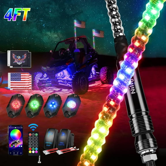 Nilight 2PCS 4FT RGB LED Whip Light and 4 PCS Rock Lights Combo, Remote & App Control w/DIY Chasing Patterns Stop Turn Reverse Safety Antenna Lighted Whips for ATV UTV