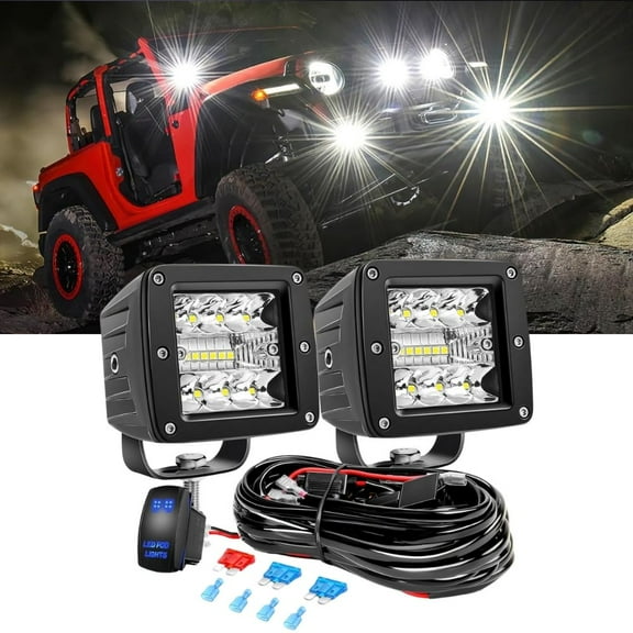 Nilight 2Pcs 3inch 42W Led Cubes Upgraded Spot Flood Combo Square Driving Fog Off-Road Lights 12V 5Pin Rocker Switch Wiring Harness Kit-2 Leads