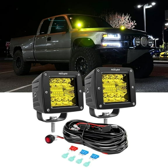 Nilight 2Pcs 3inch Amber Led Pods 42W Led Cubes Upgraded Spot Flood Combo Driving Backup Light Reverse Light with off Road Wiring Harness Kit -2 Leads for Trucks ATV UTV SUV