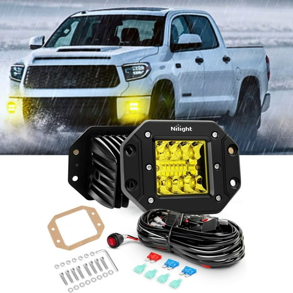 Nilight 2Pcs 42W Led Light Pods Flush Mount, Spot Flood Amber Strobe off Road Fog Driving Light for Truck Car ATV SUV Cabin, 16AWG Wiring Harness Kit- 2 Leads