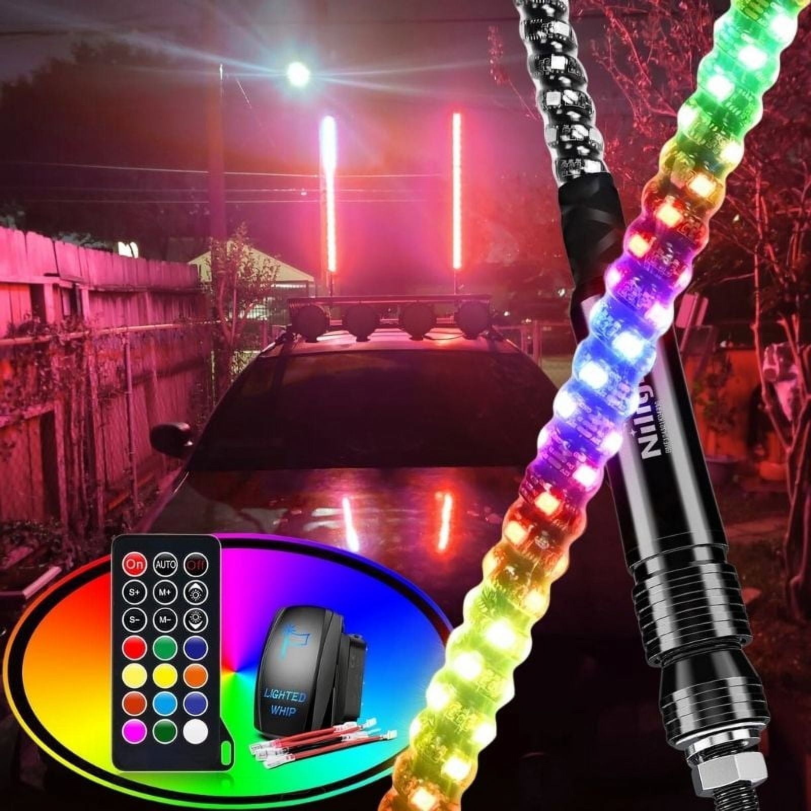 Nilight RGB Waterproof 4FT Spiral LED Whip Light 2 Pack with Strobe & Remote for ATV UTV RZR Polaris Jeep Truck