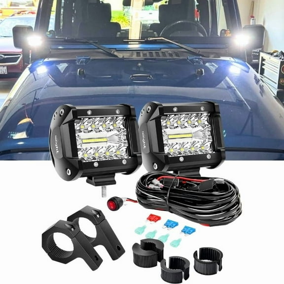 2PCS 60W 4 Inch Pods Flood Spot Combo Led Light Bars Mounting Bracket Horizontal Bar Tube Clamp Driving Lighting with Off Road Wiring Harness-2 Leads for Truck Golf Cart