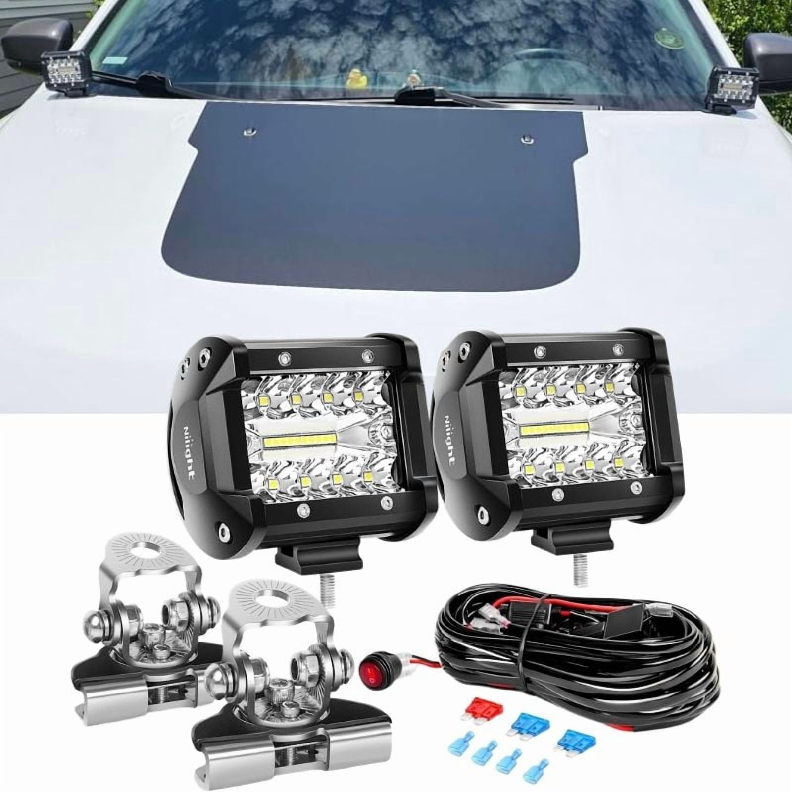 Nilight 2Pcs 4inch Triple Row Lights 60W Flood Spot Combo 6000LM Bar Driving Boat Led off Road Trucks with Adjustable Pillar Hood Mount Bracket Clamp Holder and Wiring Harness Kit