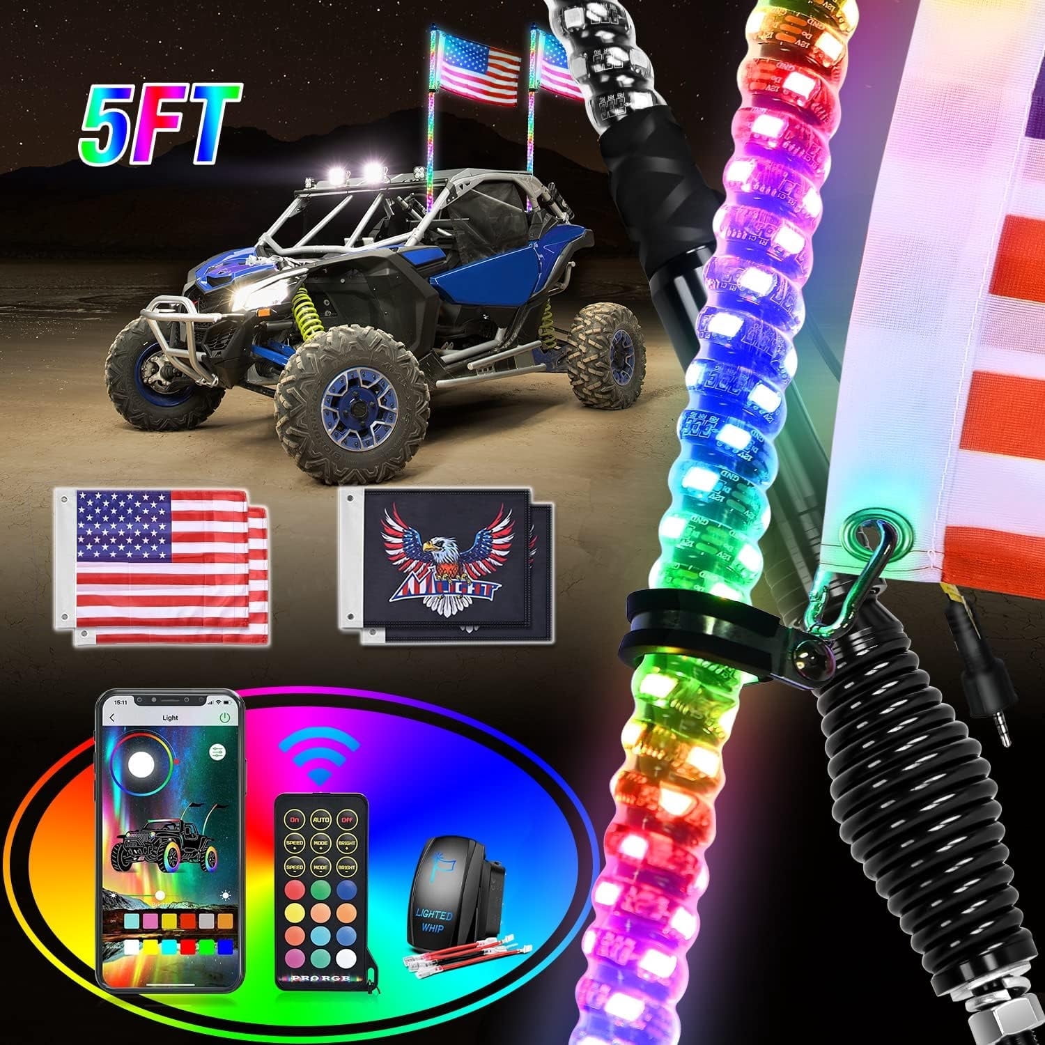 Nilight 2Pcs 5FT RGB Led Whip Light with Spring Base Remote & App Control w/DIY Chasing Patterns Turn Signal & Brake Lights for ATV UTV Polaris RZR Can-am Dune Buggy Jeep