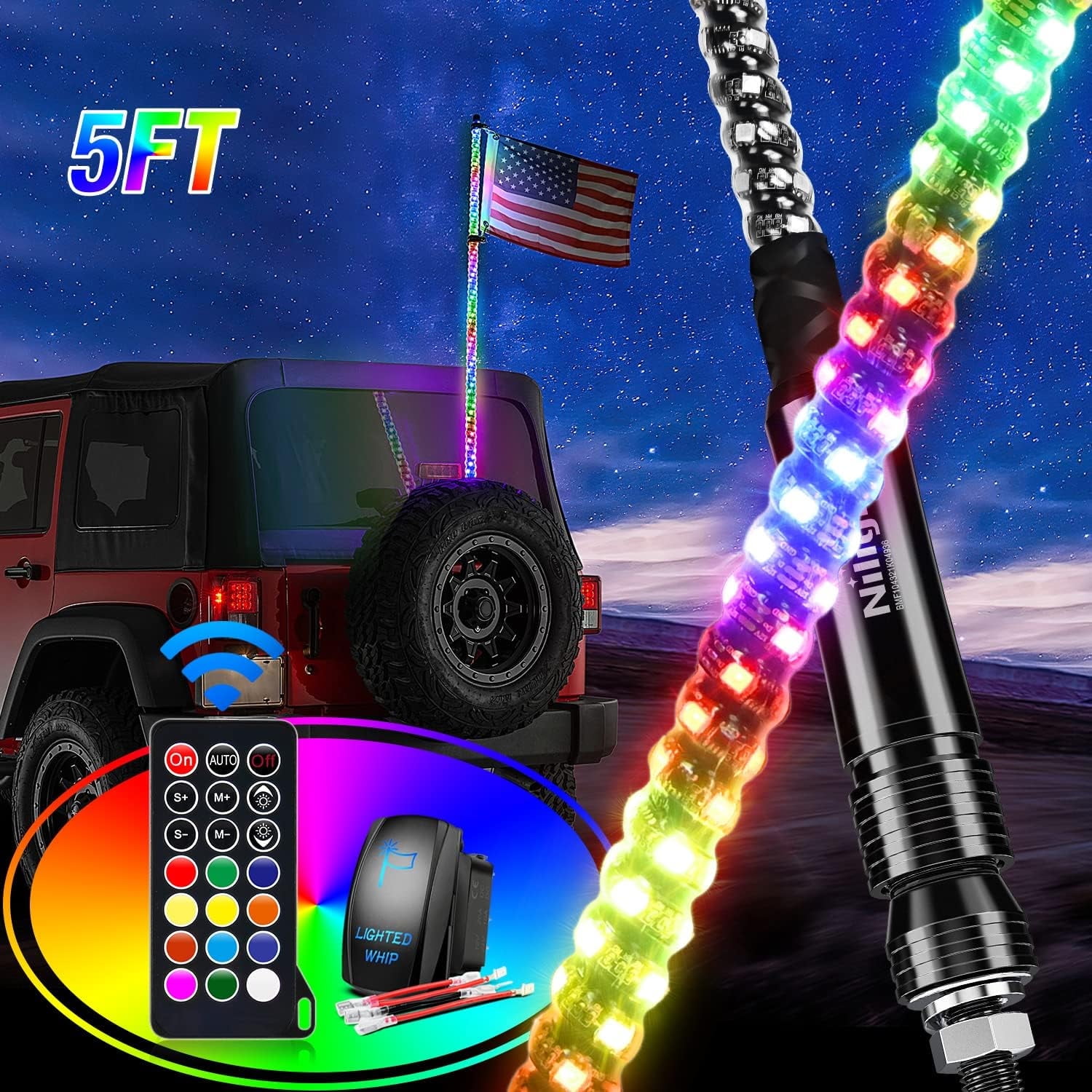 Nilight 2Pcs 5FT Spiral RGB Led Whip Light w/RGB Chasing/Dancing Light ...