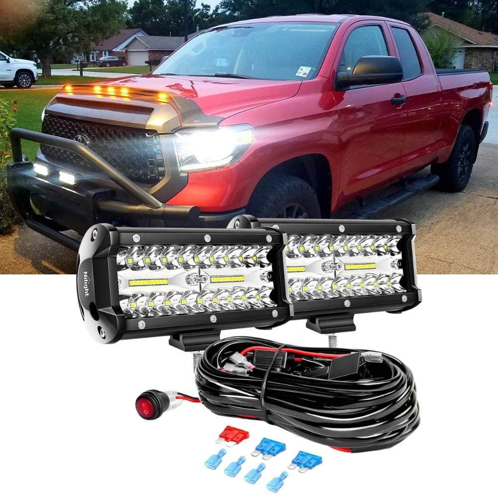 Auxbeam 4 Inch LED Pods Strobe Pod Light Bar, 120W Amber White 6 Modes Fog Light Spot Offroad Driving Lights, 12000LM Triple Row Memory Function With Wiring Harness Kit - 2 Pack