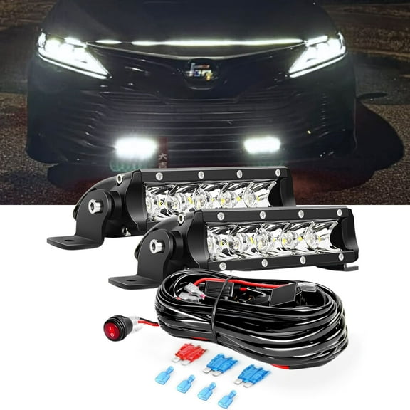 2-Pack 7 Inch Single Row Led Light Bar Pods - Ultra-Slim 30W Waterproof Driving Fog Light Combo Flood Spot Lights for Trucks Off Road ATV UTV SUV Golfcart with 2 Leads