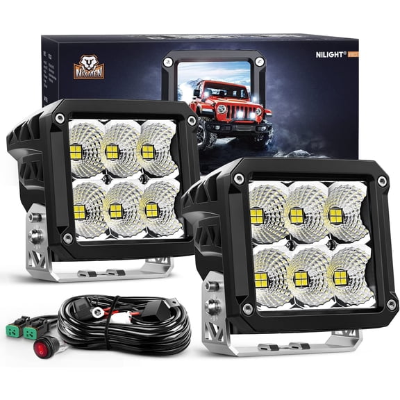 Nilight 2Pcs LED Pod Lights 120W 4 Inch Square 13500LM 120 Super Flood Light 14AWG DT Connector Wiring Harness Kit Offroad Driving Work Lights for Truck UTV ATV SUV 4x4, 2 Years Warranty