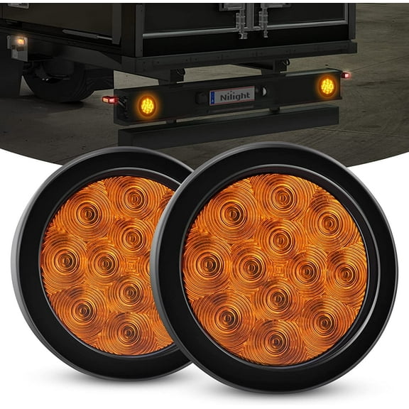 Nilight 2Pcs LED Trailer Tail Lights 4Inch 12LED Round Amber Turn Signal w/Surface Mount Grommet Plugs IP67 Park Stop Brake Marker Light for RV Truck Trailer Jeep UTE UTV 12V, 2 Years Warranty