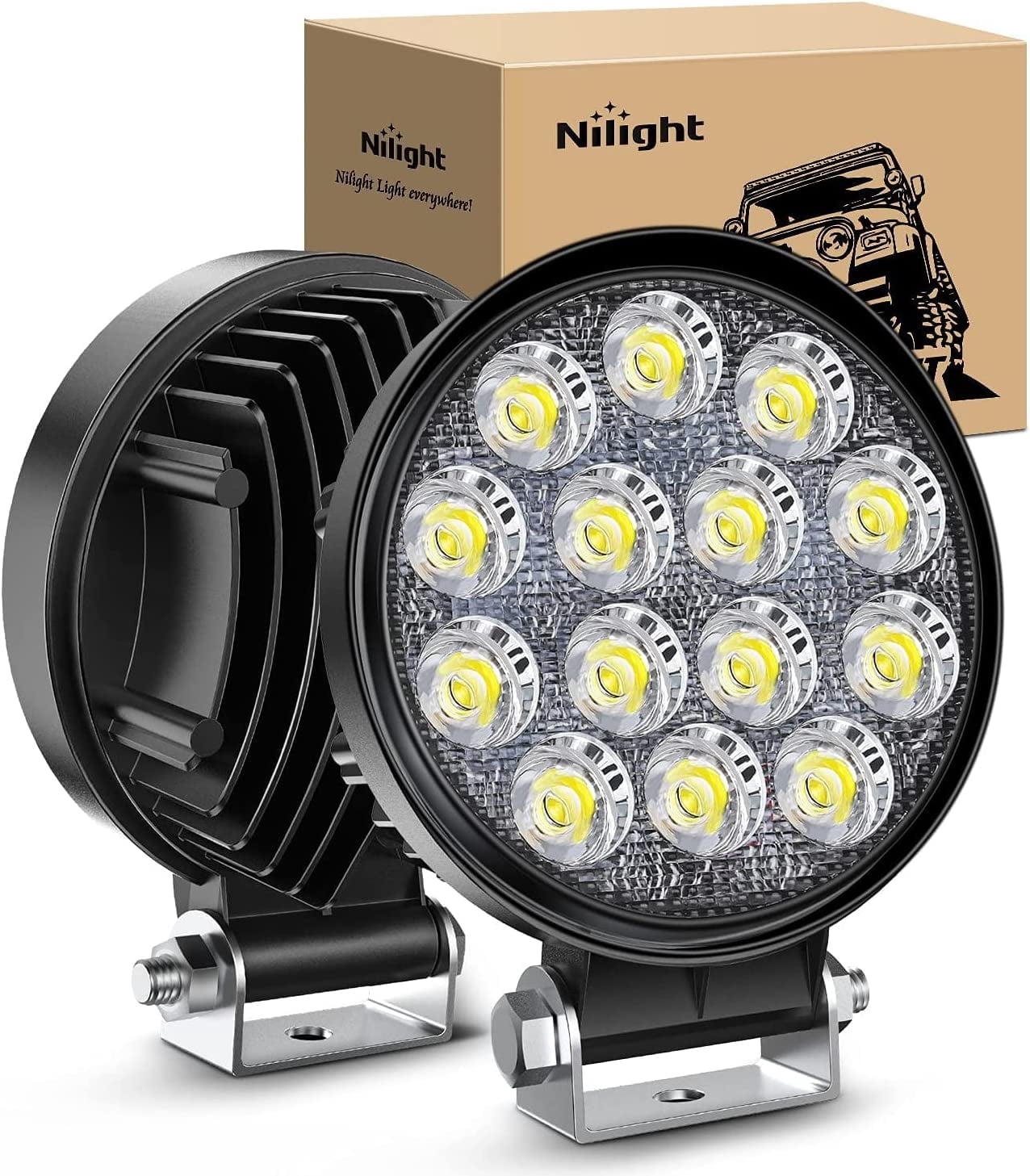 Nilight LED Pods 2Pcs 4.5Inch 42W 4200LM Round Flood Light Off Road Fog Lights Driving Roof LED Light Bar Work Light for ATV UTV SUV Truck Boat