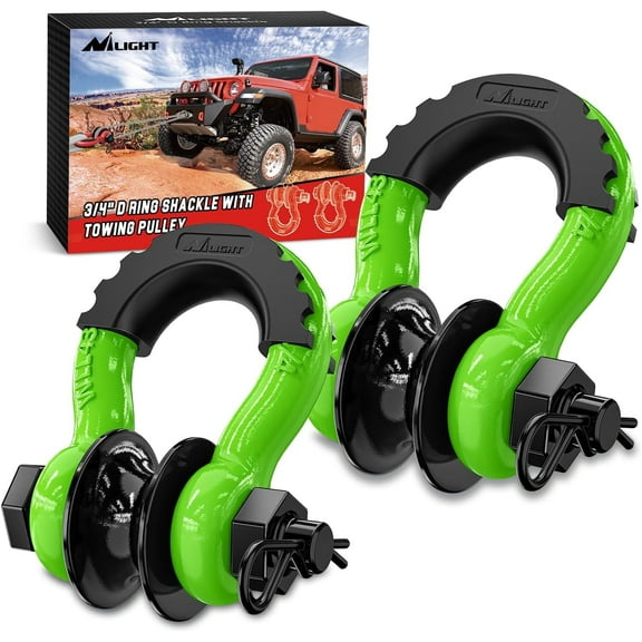 Nilight 3/4" D Ring Shackle with Towing Pulley 2 Pack 4.75 Ton (9500 Lbs) 7/8" Pin Heavy Duty off Road Recovery Shackle with Isolators Washer Kit for Jeep Truck Tractor Vehicle ATV UTV, Green