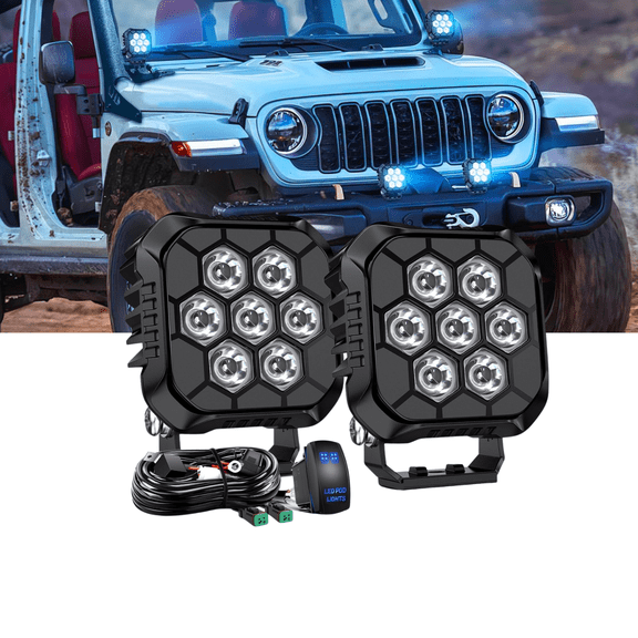 Nilight 3.8" Square LED Pod Lights 2PCS, 35W 7-LED Hyper Spot Beam Off-Road Driving Lights w/ 16AWG DT Rocker Switch Wiring Harness for Truck ATV UTV Boat Motorcycle