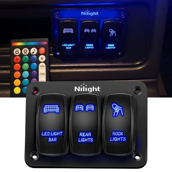 Nilight 3 Gang Aluminum Rocker Switch Panel 5 Pin on/off Pre-Wired Toggle Switch Panel With Rocker Switch Holder 12/24V for Marine Boat Car ATV UTV,Blue
