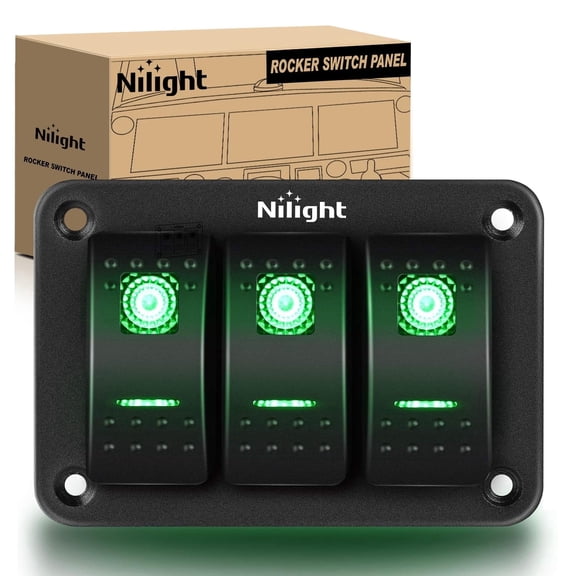 Nilight 3 Gang Aluminum Rocker Switch Panel Toggle Dash 5 Pin ON/Off Pre-Wired GreenBacklit for Automotive Cars Marine Boats RVs, Green