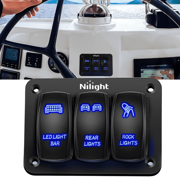 Nilight 3-Gang Blue-Backlit Rocker Switch Panel Pre-Wired 5-Pin ON/OFF Toggle Switch Assembly for 12V/24V Marine, Boat, ATV, UTV, Jeep, and Off-Road Vehicles