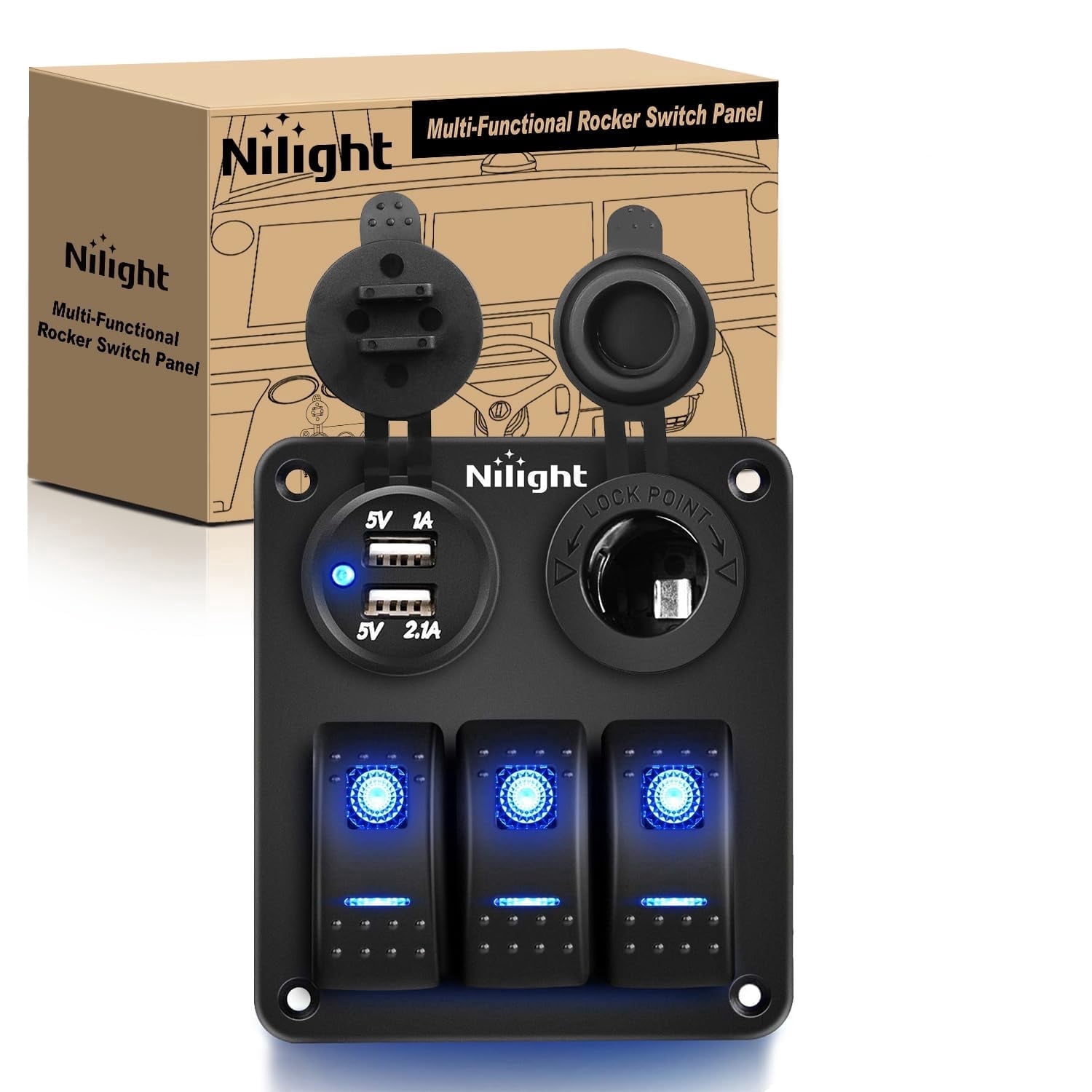 Nilight - 3 Gang Rocker Switch Panel Waterproof Pre-Wired Aluminum Switch Panel with Dual USB Charger Socket & Cigarette Lighter Socket 12V 24VDC ON Off Switch Panel for Cars Rvs Trucks