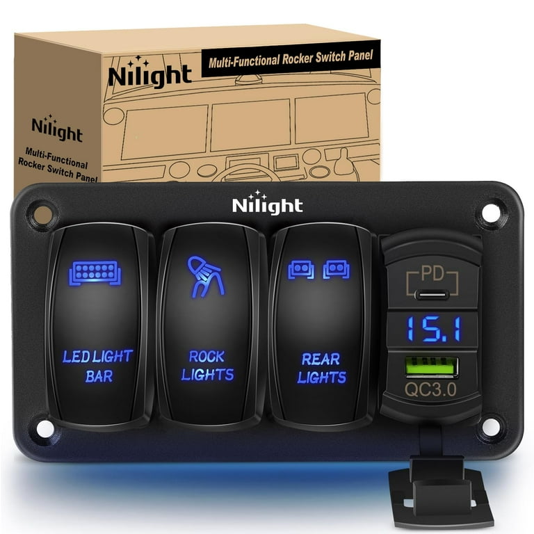 Nilight 3 Gang Rocker Switch Aluminum 12V 24V Laser Toggle Switch Panel Blue PD Type C USB Charger Voltmeter LED Light Bar Rock Lights Rear Lights