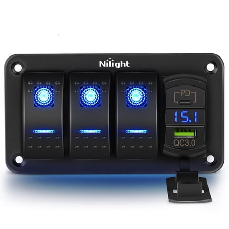 Nilight 3 Gang Rocker Switch Box 12V SPST ON Off Switch PD Type C and QC 3.0 USB Charger Voltmeter Waterproof Aluminum Rocker Switch Panel DIY Stickers for Boats Cars RVs Trucks, 2 Years Warranty