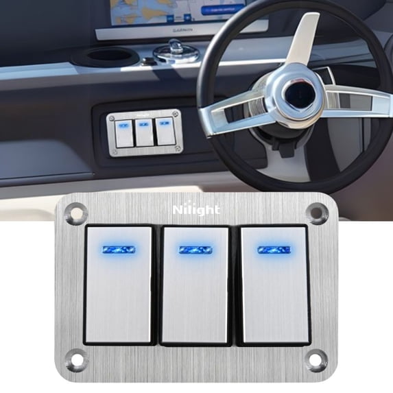 Nilight 3 Gang Rocker Switch Panel 3 Pin On Off Pre-Wired Rocker Switch Blue Led Waterproof Aluminum Panel with DIY Stickers for 12V 24V Automotive Cars Marine Boats UTV Truck Jeeps