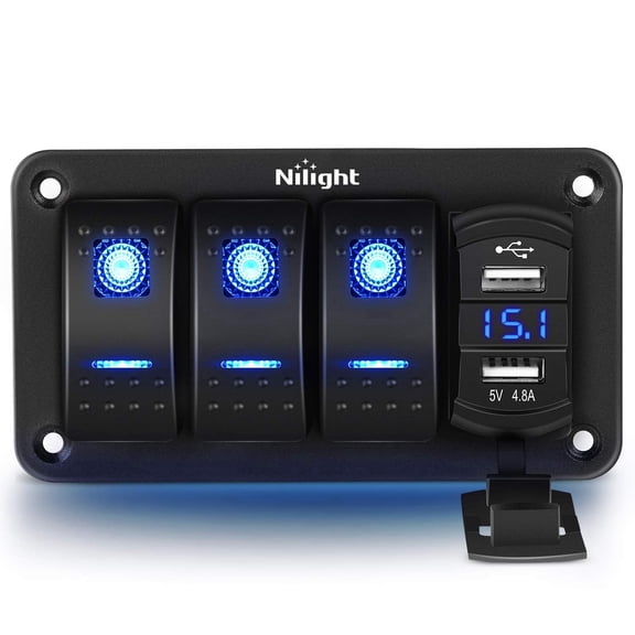 Nilight 3 Gang Rocker Switch Panel with 4.8 Amp Dual USB Charger Voltmeter Waterproof 12V 24V DC Rocker Switch with Night Glow Stickers for Cars Trucks Boats RVs
