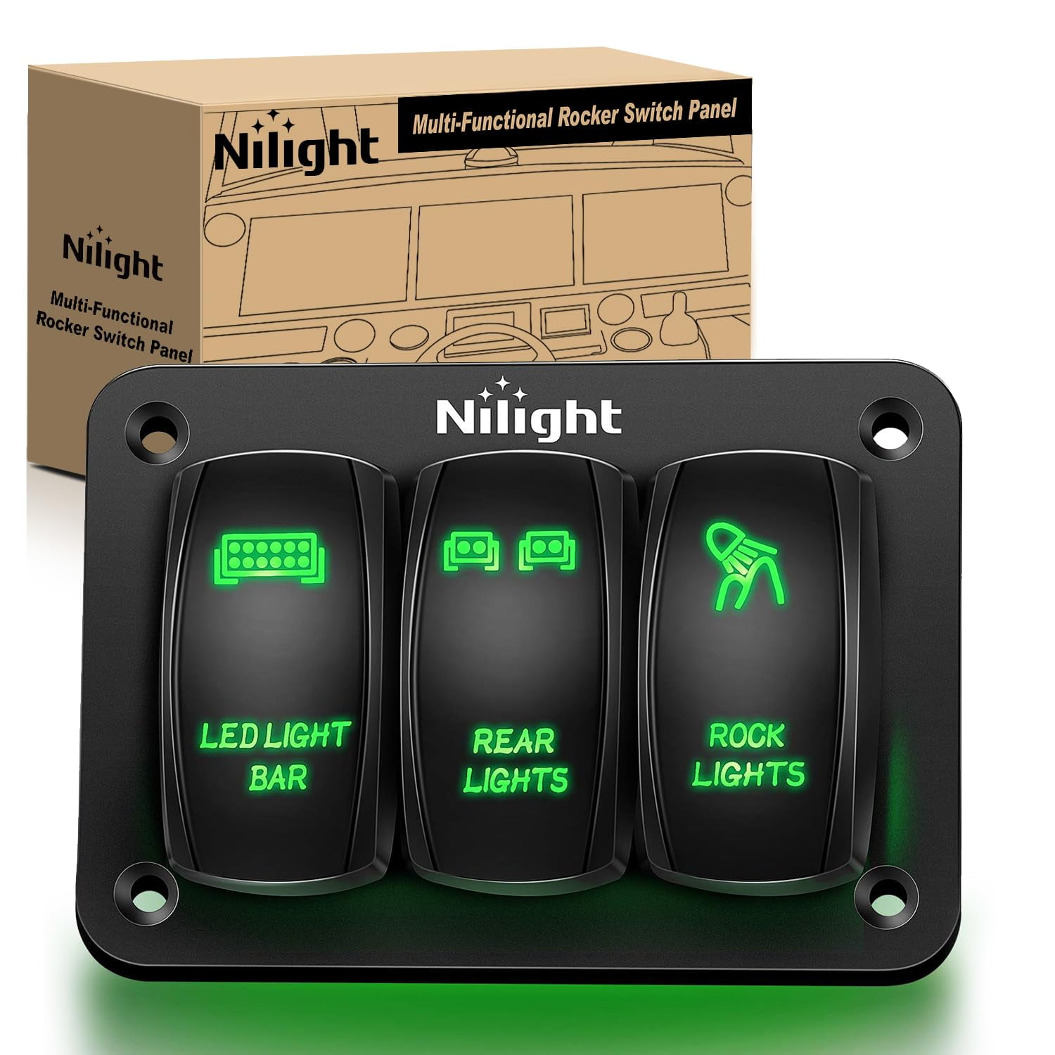 Nilight 3 Gang Rocker Switch Panel Aluminum 5 Pin ON Off Toggle Switch