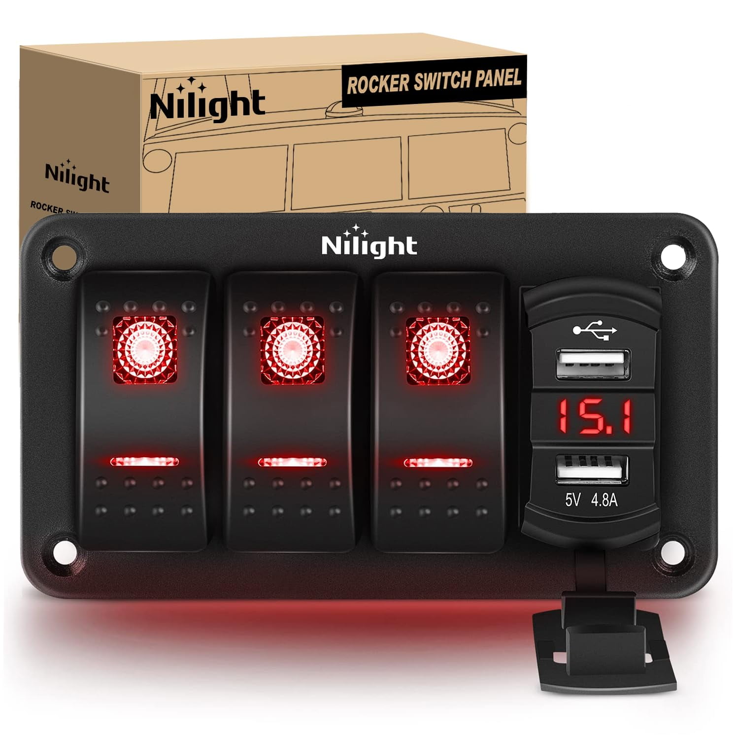 Nilight 3 Gang Rocker Switch Panel Green Backlit with 4.8 Amp Dual USB ...