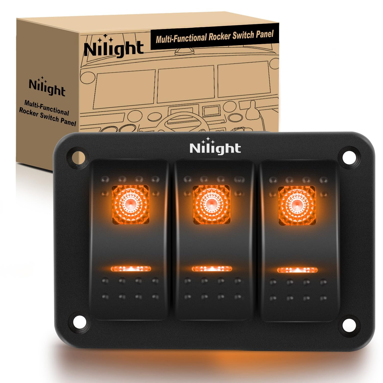 Nilight 3 Gang Rocker Switch Panel with Orange LED Light 5 Pin On Off ...