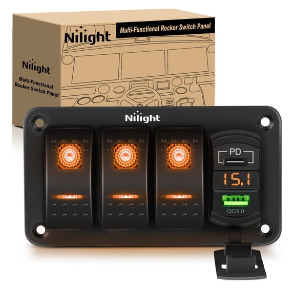 Nilight 3 Gang Rocker Switch Panel with PD Type C and USB Charger Voltmeter 12V SPST ON Off Toggle Switches with Orange Backlit Waterproof Aluminum for Boats Cars RVs Trucks