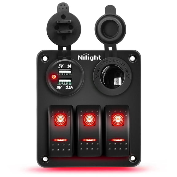 Nilight 3 Gang Rocker Switch Panel with USB Charger and Cigar Lighter 12V 24V Toggle Switch ON Off Rocker Switch Red with Night Glow Stickers for Cars Rvs Trucks,2 Years Warranty