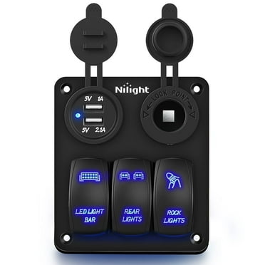 Nilight 3-Gang Rocker Switch Panel With USB & Cigarette Lighter - 12V/24V, Waterproof, Glow Stickers