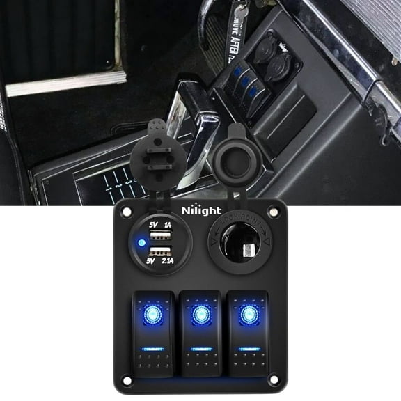 Nilight 3 Gang Rocker Switch Panel Waterproof Pre-Wired Aluminum Switch Panel with Dual USB Charger Socket & Cigarette Lighter Socket 12V 24VDC on off Switch Panel for Cars Rvs Trucks